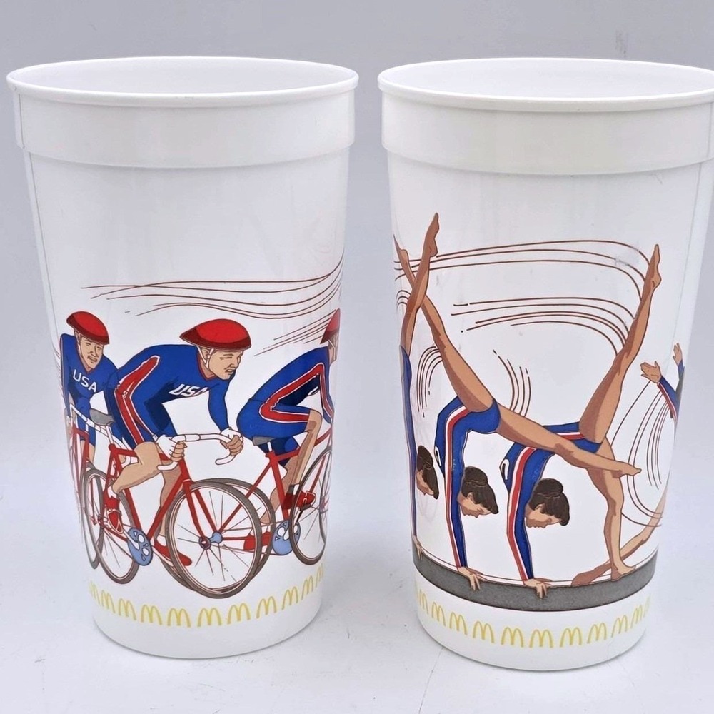 McDonalds USA Olympic Team Cups Vintage 1988 Cycling Gymnastics Set‎ of 2